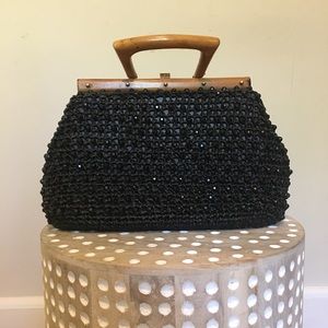 Vintage Gaymode Beaded Black Purse w/ Wood Handle